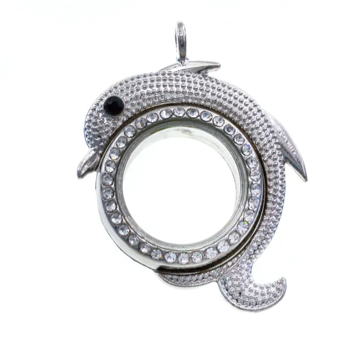 Glass Locket Pendant Magnetic Dolphin Rhinestone JE0032 Necklaces