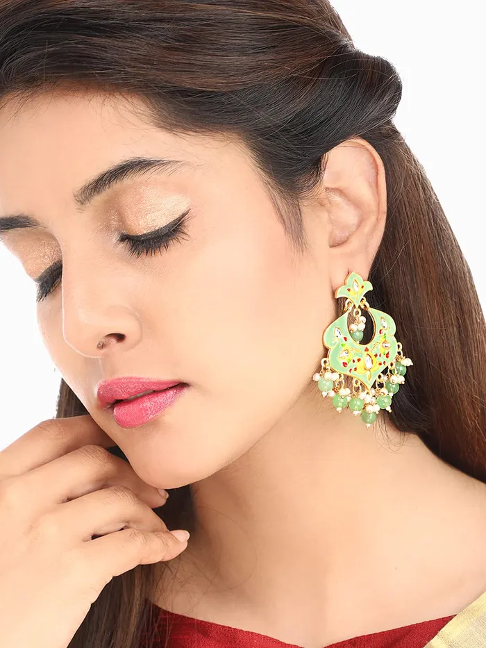 Yellow Chimes Ethnic Gold Plated Traditional Beads Green Meenakari Floral Design Chandbali Earrings for Women and Girls Medium YCTJER99MNKFLWGR Yellow Chimes Necklaces