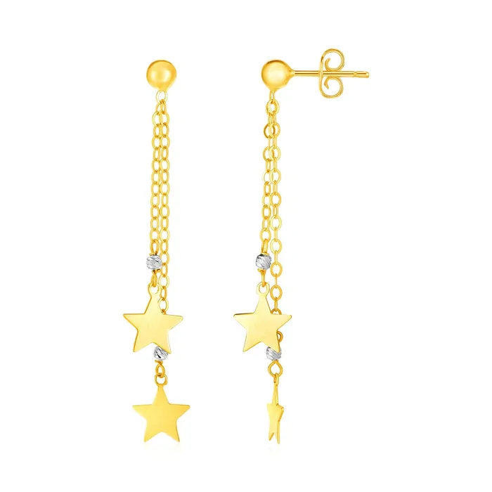 Earrings MayaMila 14k Two Tone Gold Drop Earrings with Polished Stars