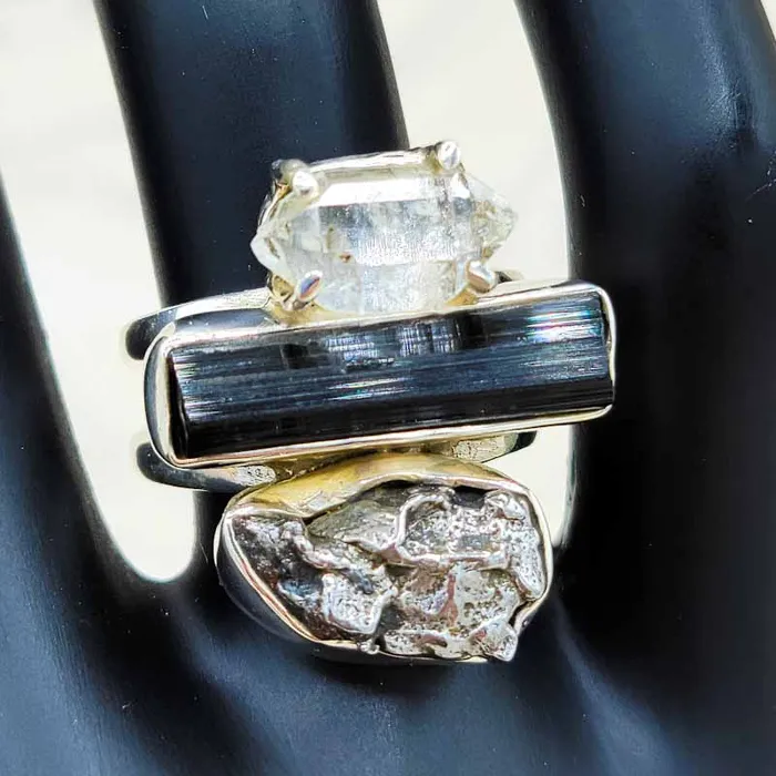 Herkimer Diamond Black Tourmaline Tektite High Vibe Ring Sterling Silver Esprit Creations Rings