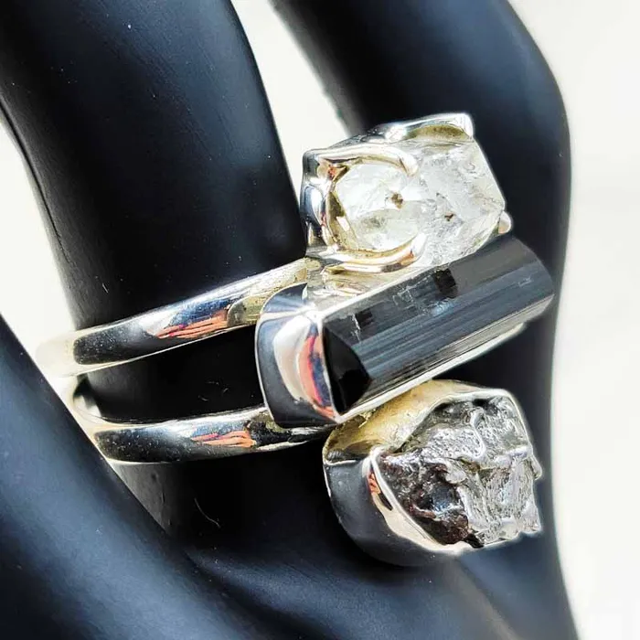 Herkimer Diamond Black Tourmaline Tektite High Vibe Ring Sterling Silver Esprit Creations Rings Herkimer Diamond Black Tourmaline Tektite High Vibe Ring Sterling Silver Esprit Creations Rings