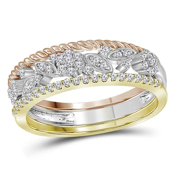 mayamila Rings 10kt TriTone Gold Womens Round Diamond Rope Floral 3Piece Stackable Band Set 14 Cttw mayamila Rings 10kt TriTone Gold Womens Round Diamond Rope Floral 3Piece Stackable Band Set 14 Cttw