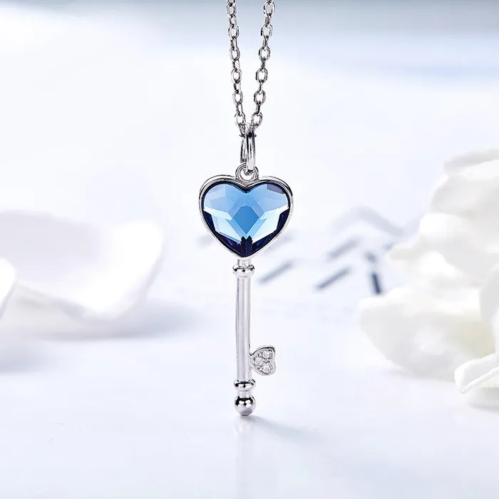 Necklaces Mystic Flavia Ocean Blue Swarovski Crystal Key Silver Necklace