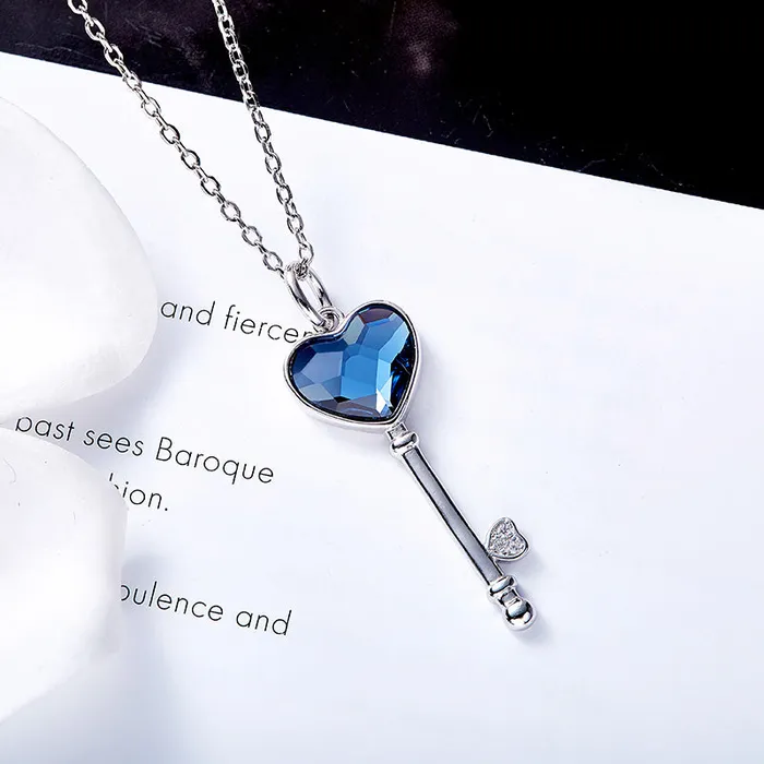 Necklaces Mystic Flavia Ocean Blue Swarovski Crystal Key Silver Necklace