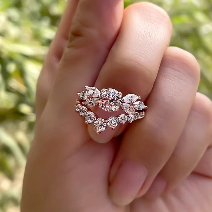 Rings Shineofdiamond Unique Art Decor Rose Golden Tone Round Cut Sterling Silver Bridal Set