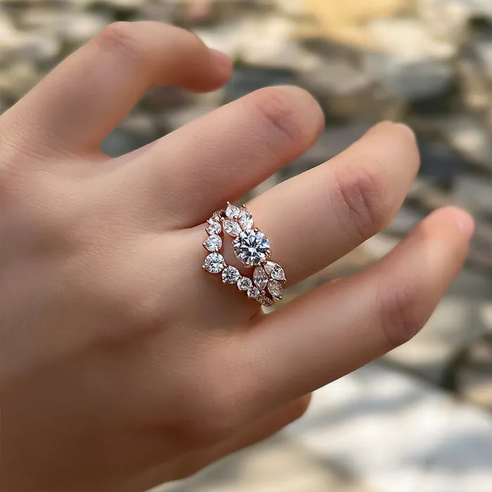 Rings Shineofdiamond Unique Art Decor Rose Golden Tone Round Cut Sterling Silver Bridal Set