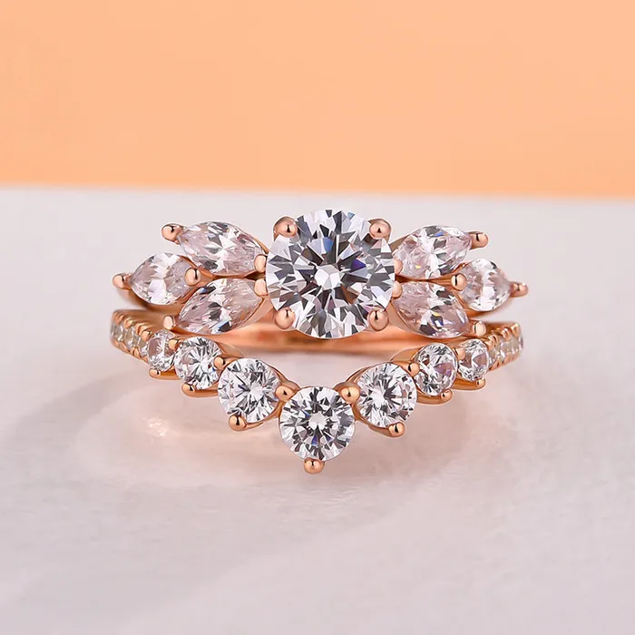 Rings Shineofdiamond Unique Art Decor Rose Golden Tone Round Cut Sterling Silver Bridal Set