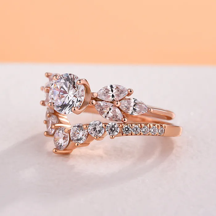 Rings Shineofdiamond Unique Art Decor Rose Golden Tone Round Cut Sterling Silver Bridal Set