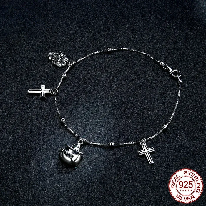 shine of diamond Halloween Skeleton Cross Pumpkin Sterling Silver Bracelet Bracelets