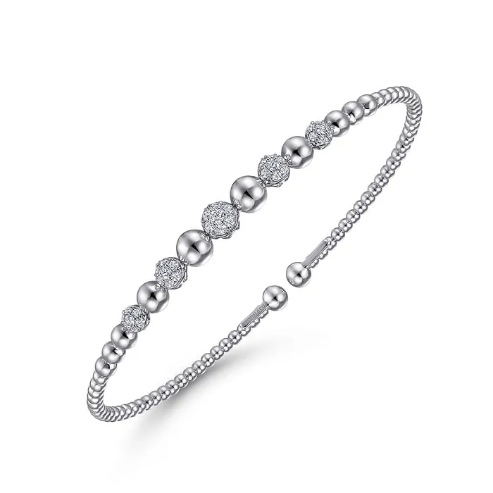 Bracelets GABRIEL CO 14K White Gold Bujukan Bead Cuff Bracelet with Pave Diamond Stations Bracelets GABRIEL CO 14K White Gold Bujukan Bead Cuff Bracelet with Pave Diamond Stations