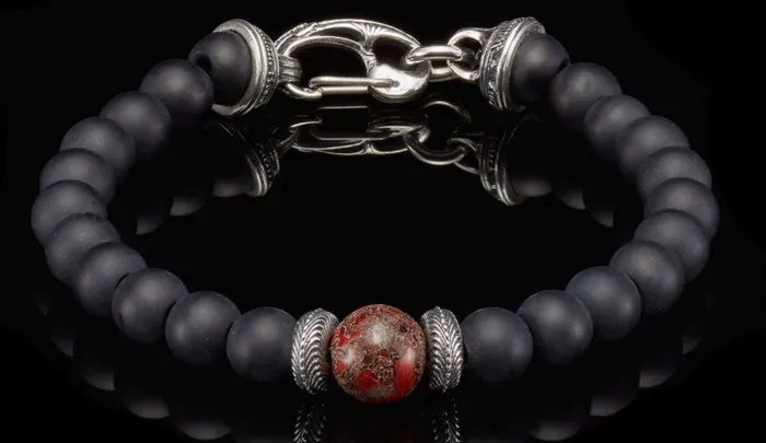 Bracelets WILLIAM HENRY LLC Gentis Beaded bracelet with Sterling silver fossil dinosaur bone and black onyx Bracelets WILLIAM HENRY LLC Gentis Beaded bracelet with Sterling silver fossil dinosaur bone and black onyx