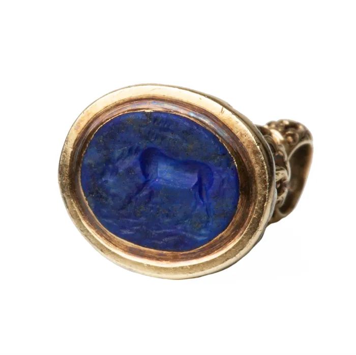 Earrings Bell Bird Antiques Petite Roman Era Lapis Horse and Scorpion Intaglio in Georgian Era Fob