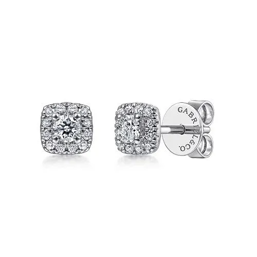 GABRIEL CO Earrings 14K White Gold Cushion Halo Round Diamond Stud Earrings