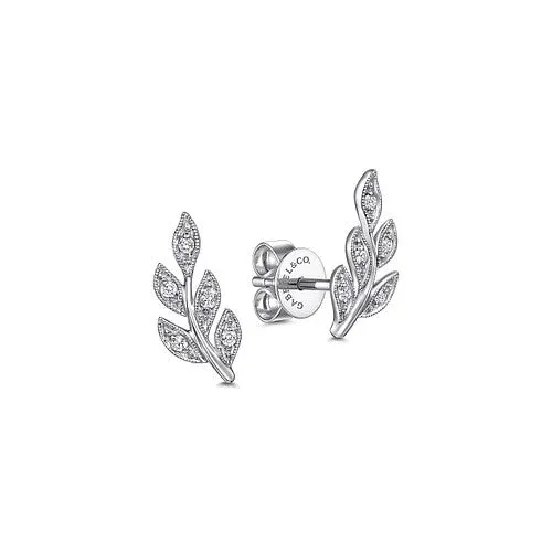GABRIEL CO Earrings 14K White Gold Diamond Leaf Stud Earrings