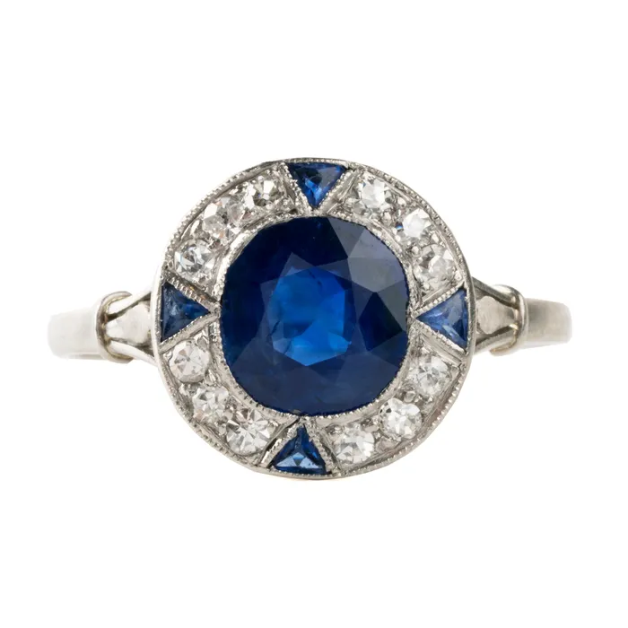 Rings Bell Bird Antiques Art Deco Era Sapphire and Diamond Cluster Ring