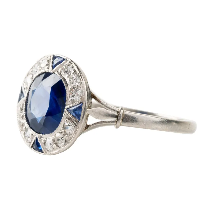 Rings Bell Bird Antiques Art Deco Era Sapphire and Diamond Cluster Ring