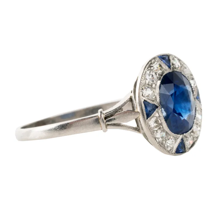 Rings Bell Bird Antiques Art Deco Era Sapphire and Diamond Cluster Ring