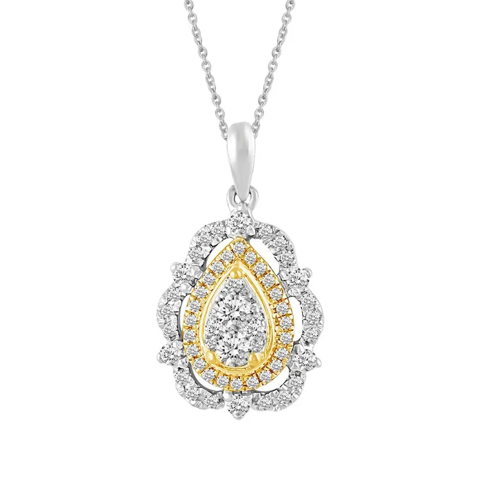 05 CT TW Composite Pear Natural Diamond Ornate Frame Pendant in 14K TwoTone Gold Goldia Necklaces 05 CT TW Composite Pear Natural Diamond Ornate Frame Pendant in 14K TwoTone Gold Goldia Necklaces