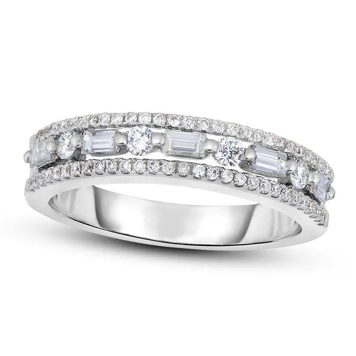 050 CT TW Baguette and Round Natural Diamond Alternating MultiRow Band in Solid 14K White Gold Goldia Rings 050 CT TW Baguette and Round Natural Diamond Alternating MultiRow Band in Solid 14K White Gold Goldia Rings