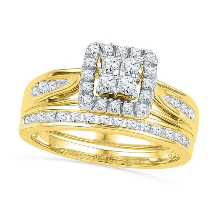 050 CT TW Quad Natural Diamond Frame Bridal Engagement Ring Set in Solid 10K Yellow Gold Goldia Rings
