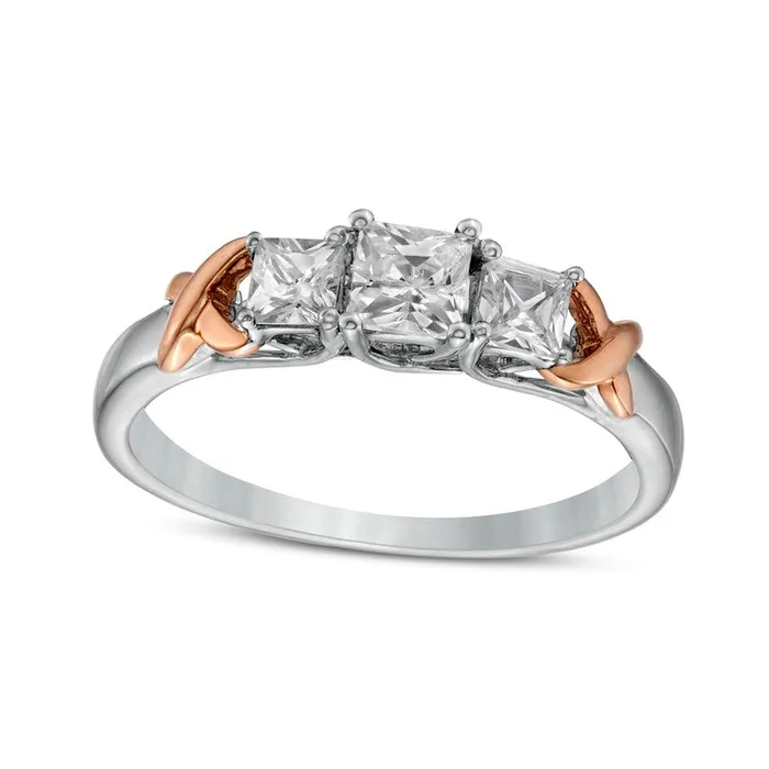 063 CT TW PrincessCut Natural Diamond Three Stone X Shank Ring in Solid 10K TwoTone Gold Goldia Rings 063 CT TW PrincessCut Natural Diamond Three Stone X Shank Ring in Solid 10K TwoTone Gold Goldia Rings