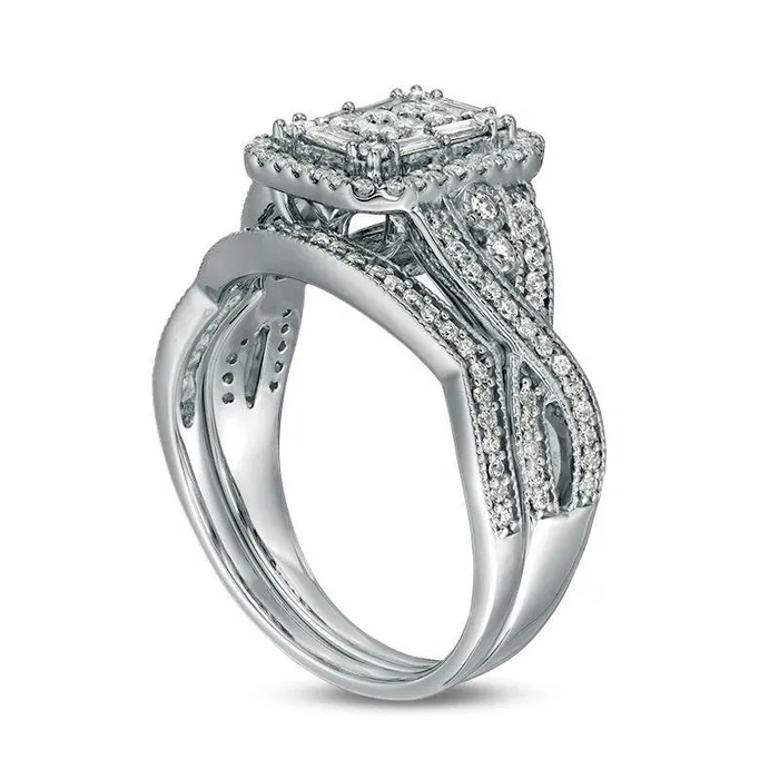 075 CT TW Composite Natural Diamond Hexagon Frame Antique VintageStyle Twist Bridal Engagement Ring Set in Solid 10K White Gold Goldia Rings 075 CT TW Composite Natural Diamond Hexagon Frame Antique VintageStyle Twist Bridal Engagement Ring Set in Solid 10K White Gold Goldia Rings
