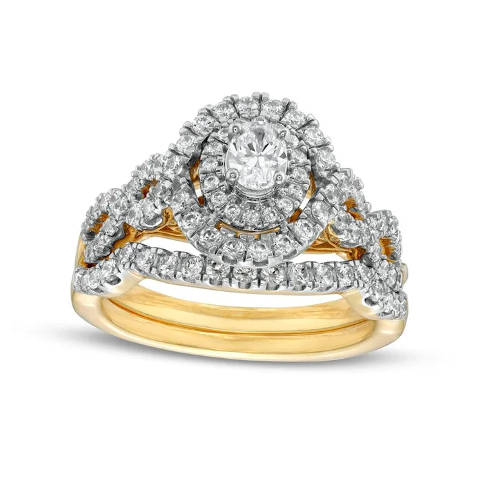 10 CT TW Oval Natural Diamond Double Frame Twist Shank Bridal Engagement Ring Set in Solid 14K Gold Goldia Rings