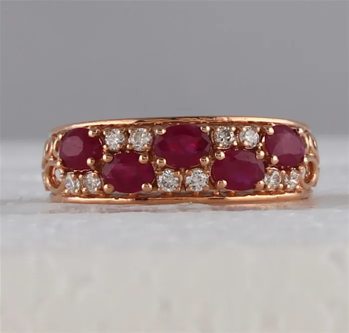 14k Rose Gold Oval Ruby Diamond Alternating Band Ring 115 Cttw gndatlanta Rings