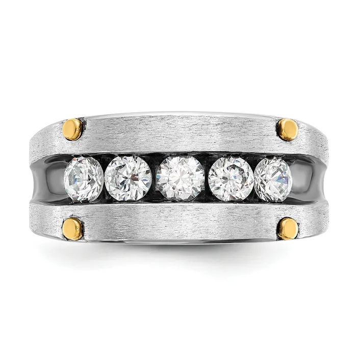 14k Twotone Two Tone with Black Rhodium 1 Ct Lab Grown Diamond VSSI G Five Stone Polished Satin and Grooved Mens Ring Goldia Rings