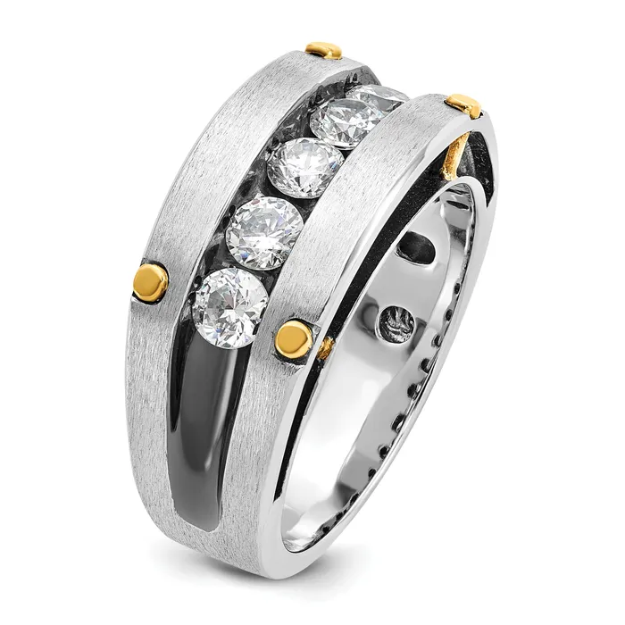 14k Twotone Two Tone with Black Rhodium 1 Ct Lab Grown Diamond VSSI G Five Stone Polished Satin and Grooved Mens Ring Goldia Rings