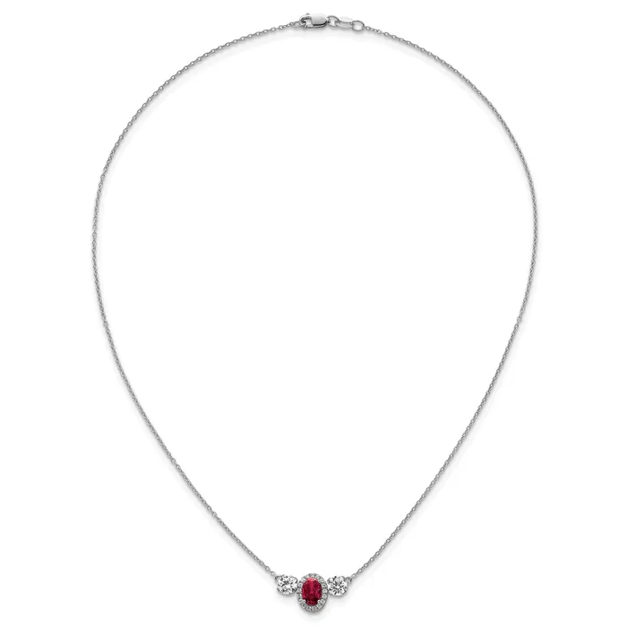 14k White Gold 1 18 Ct Lab Grown Diamond VSSI G and Created Ruby Three Stone 16 inch Necklace Goldia Necklaces