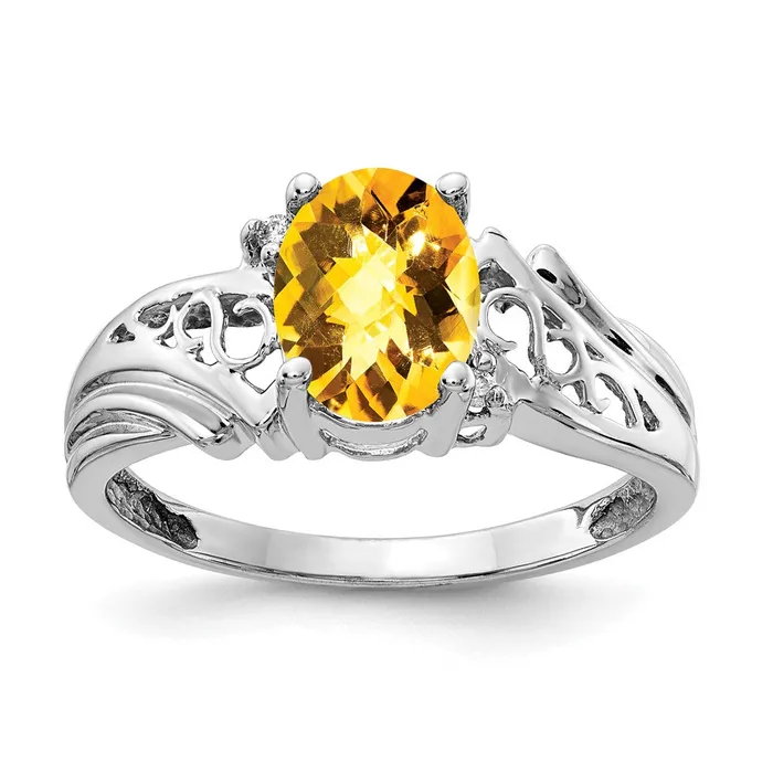 14k White Gold 8x6mm Oval Citrine Checker AAA Diamond ring Goldia Rings