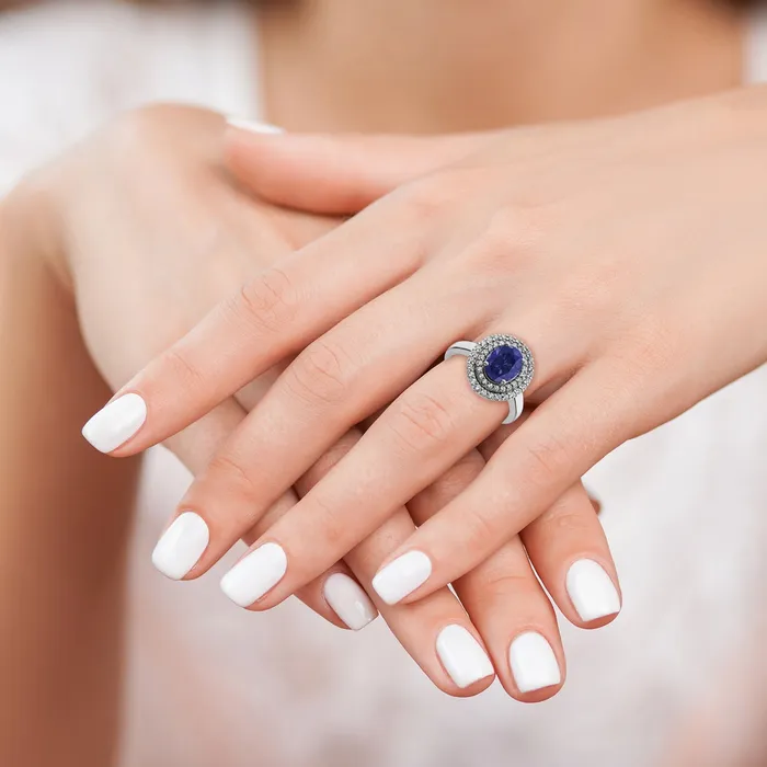 14K White Gold Lab Grown VSSI FGH Diamond Created Blue Sapphire Ring Goldia Rings