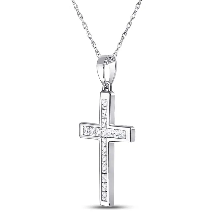 14k White Gold Princess Diamond Cross Pendant 13 Cttw gndatlanta Necklaces