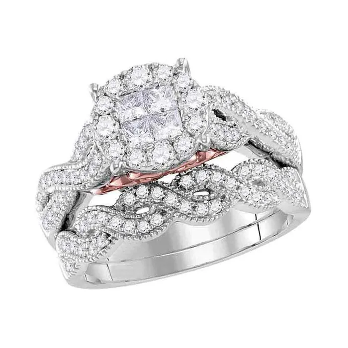 14k White Gold Princess Round Diamond Twist Wedding Ring Set 1 Cttw gndatlanta Rings