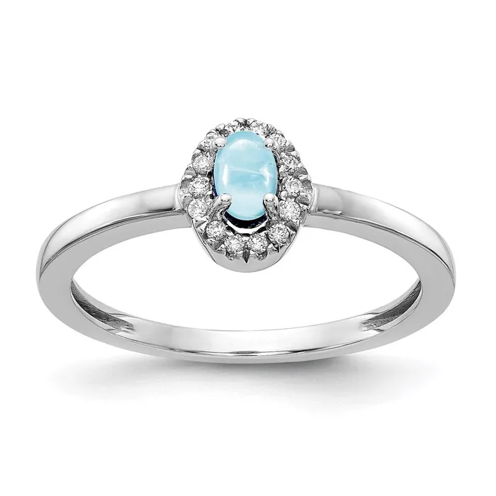 14k White Gold Real Diamond and Oval Cabochon Aquamarine Ring Goldia Rings