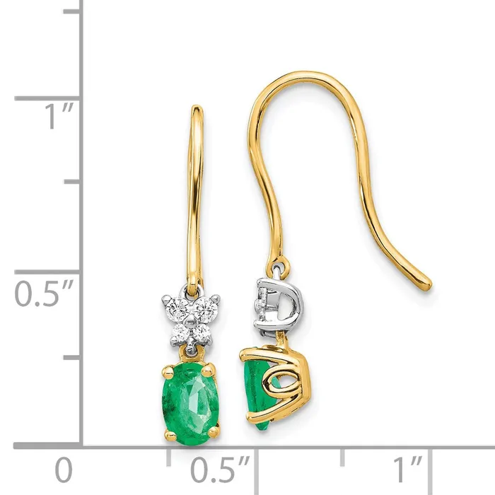 14k Yellow Gold 18ct Real Diamond and Oval Emerald Shepherd Hook Earrings Goldia Earrings