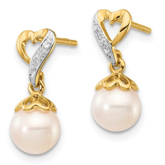 14k Yellow Gold 67mm Round FWC Pearl 01ct Heart Real Diamond Dangle Earrings Goldia Earrings