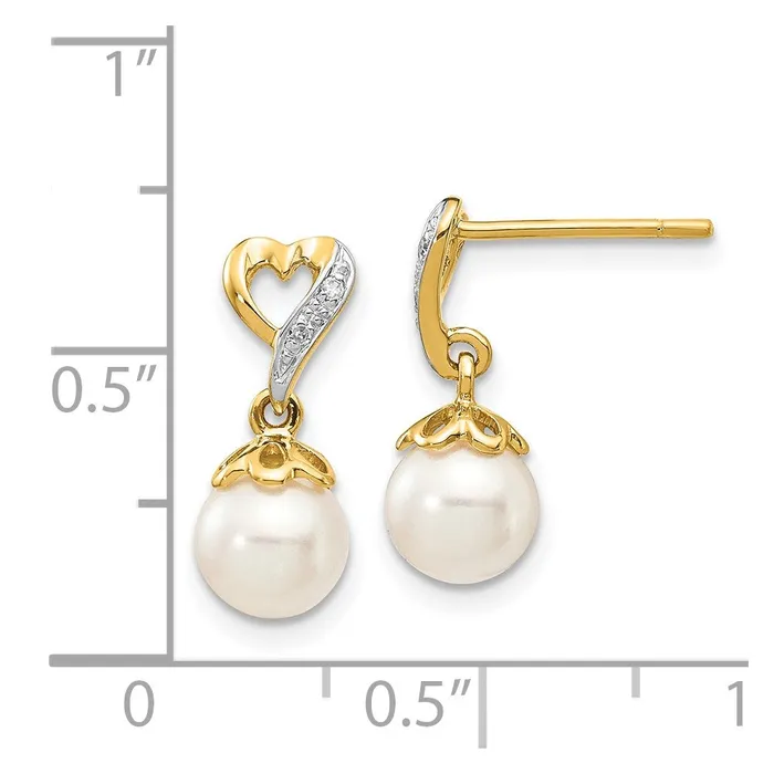 14k Yellow Gold 67mm Round FWC Pearl 01ct Heart Real Diamond Dangle Earrings Goldia Earrings