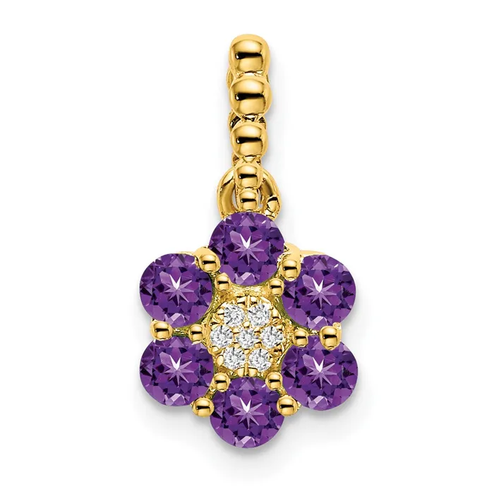 14K Yellow Gold Amethyst and Real Diamond Floral Pendant Goldia Necklaces