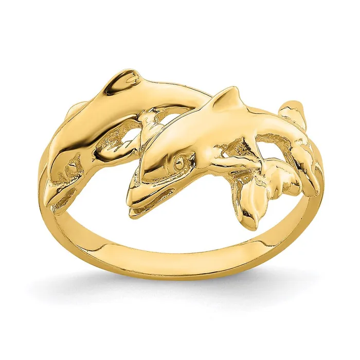 14K Yellow Gold Double Dolphins Swimming Ring Goldia Rings