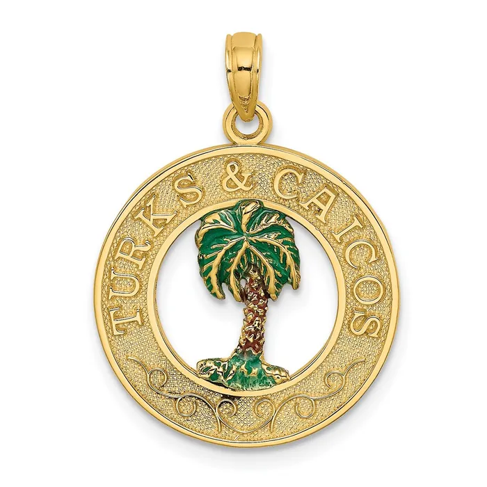 14k Yellow Gold Enameled TURKS AND CAICOS wPalm Tree Circle Charm Goldia Charm Necklaces 14k Yellow Gold Enameled TURKS AND CAICOS wPalm Tree Circle Charm Goldia Charm Necklaces
