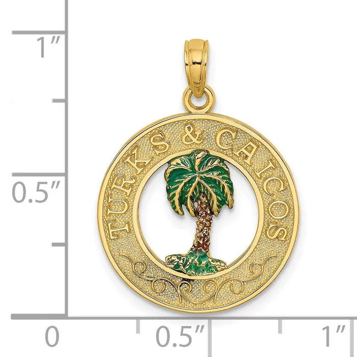 14k Yellow Gold Enameled TURKS AND CAICOS wPalm Tree Circle Charm Goldia Charm Necklaces