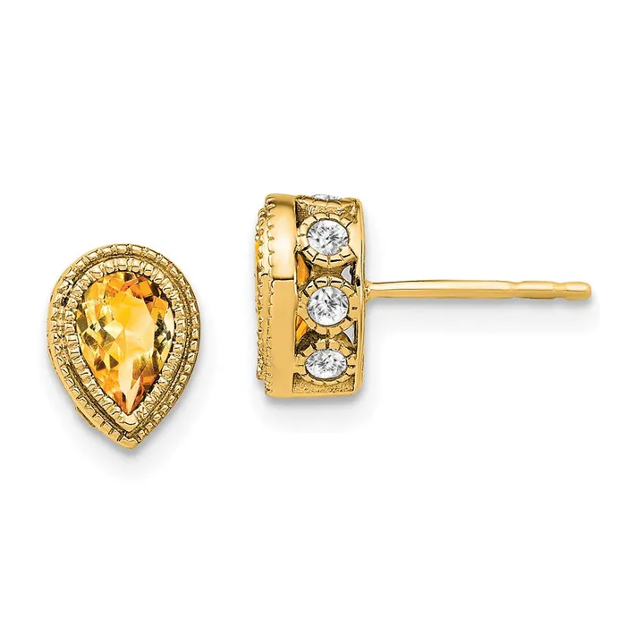14k Yellow Gold Pear Citrine and Real Diamond Earrings Goldia Earrings
