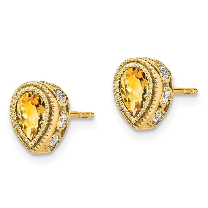 14k Yellow Gold Pear Citrine and Real Diamond Earrings Goldia Earrings