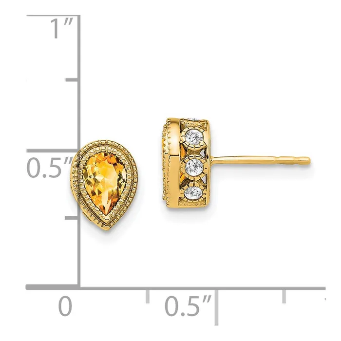 14k Yellow Gold Pear Citrine and Real Diamond Earrings Goldia Earrings