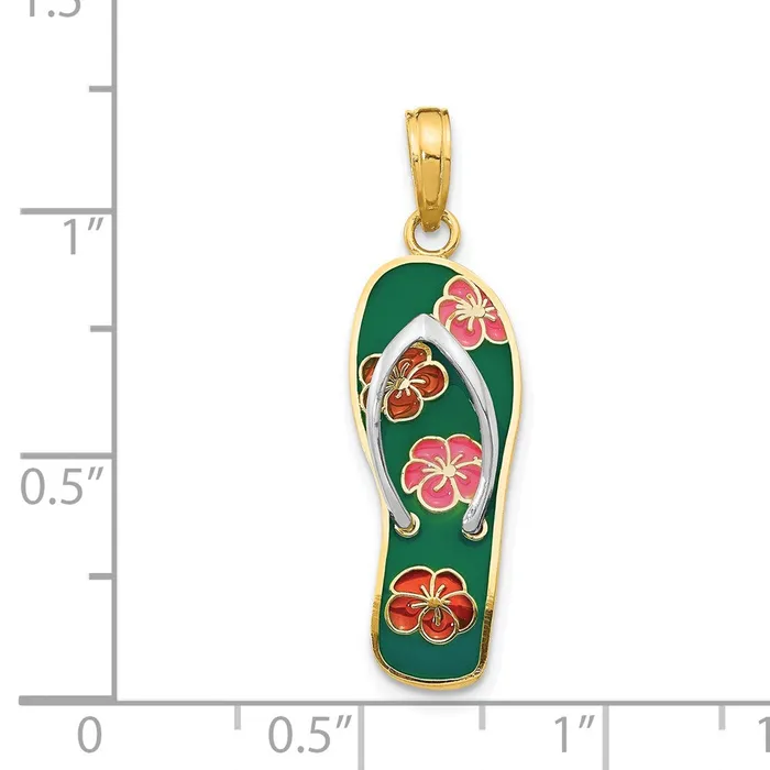14k Yellow u0026 Rhodium Gold Rhodium 3D Enameled Flowers On Green Flip Flop Pendant Goldia Necklaces