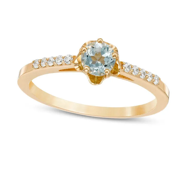 45mm Aquamarine and 007 CT TW Natural Diamond Flower Ring in Solid 10K Yellow Gold Goldia Rings 45mm Aquamarine and 007 CT TW Natural Diamond Flower Ring in Solid 10K Yellow Gold Goldia Rings