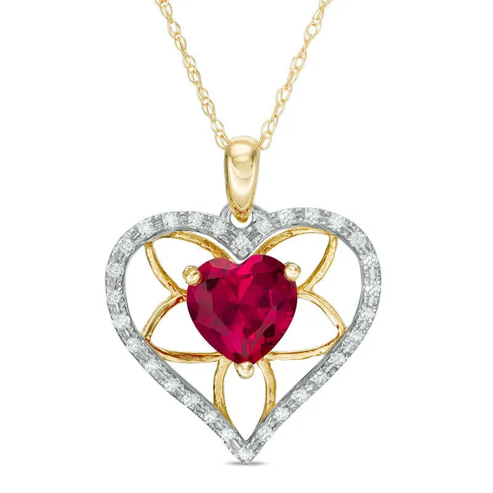 70mm HeartShaped LabCreated Ruby and 013 CT TW Diamond Floral Heart Pendant in 10K Yellow Gold Goldia Necklaces 70mm HeartShaped LabCreated Ruby and 013 CT TW Diamond Floral Heart Pendant in 10K Yellow Gold Goldia Necklaces