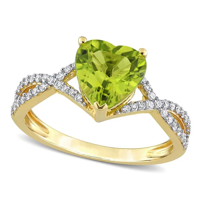 80mm HeartShaped Peridot and 020 CT TW Natural Diamond Twist Split Shank Ring in Solid 14K Gold Goldia Rings 80mm HeartShaped Peridot and 020 CT TW Natural Diamond Twist Split Shank Ring in Solid 14K Gold Goldia Rings